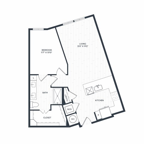 Floor plan for 1 bed, 1 bath, 821 sqft